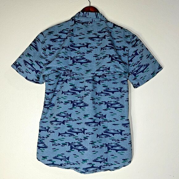 Tallwoods Mens Shirt Medium Blue Element Wear Button Up Short Sleeve Vented Fish - Picture 2 of 10